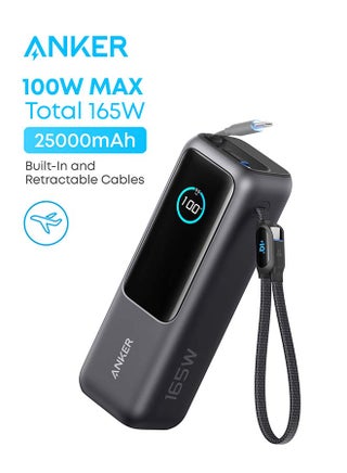 25000 mAh 25,000mAh Power Bank, 25,000mAh 165W Ultra-Fast Portable Charger for Dual Laptops, Fast Charging Battery Pack with Built-In and Retractable Cables, For iPhone 17/16 & More Series, Samsung, and More Black - view 1