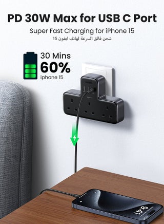 UGREEN 6-In-1 Type G Extension Plug with 3 AC Sockets, GaN Technology and 30W USB-C Fast Charger, 2 USB-A Ports, 2990W 13A Power Strip Surge Protector for Home and Office 6 in 1 Black - view 4