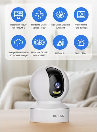 Philips 360° Smart Security Camera, 1080P WiFi Indoor/Outdoor Surveillance, Motion Detection, Privacy Mode,Only supports 2.4G Wifi, Smart Tracking, Two-Way Audio, Night Vision, Supports Up to 128GB TF Card, Remote Alerts for Home/Baby/Elder Monitoring.AI Image Enhancement – 1080P Video Enhanced to 2K-Like Detail - view 3